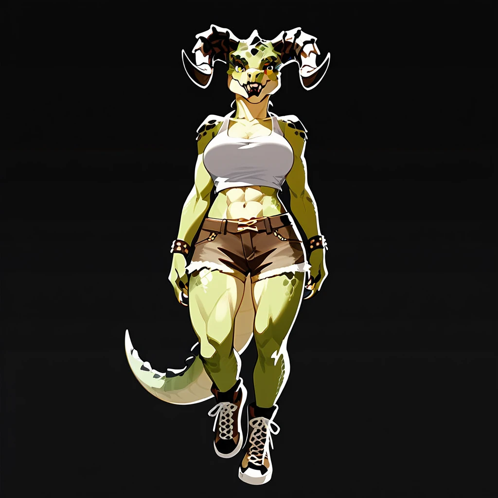 (((Masterpiece))), ((4k)), (best body), Solo, score_9,score_8_up,score_7_up, kemono style, Anthro deathclaw from fallout, Anthro reptile girl, snout, green scaled skin, gold eyes, black lips, black horns, black ram horns, athletic body, smiling, wearing brown laced tank top, pov, pov she is holding viewers face, pov she is holding viewer, simple grey background