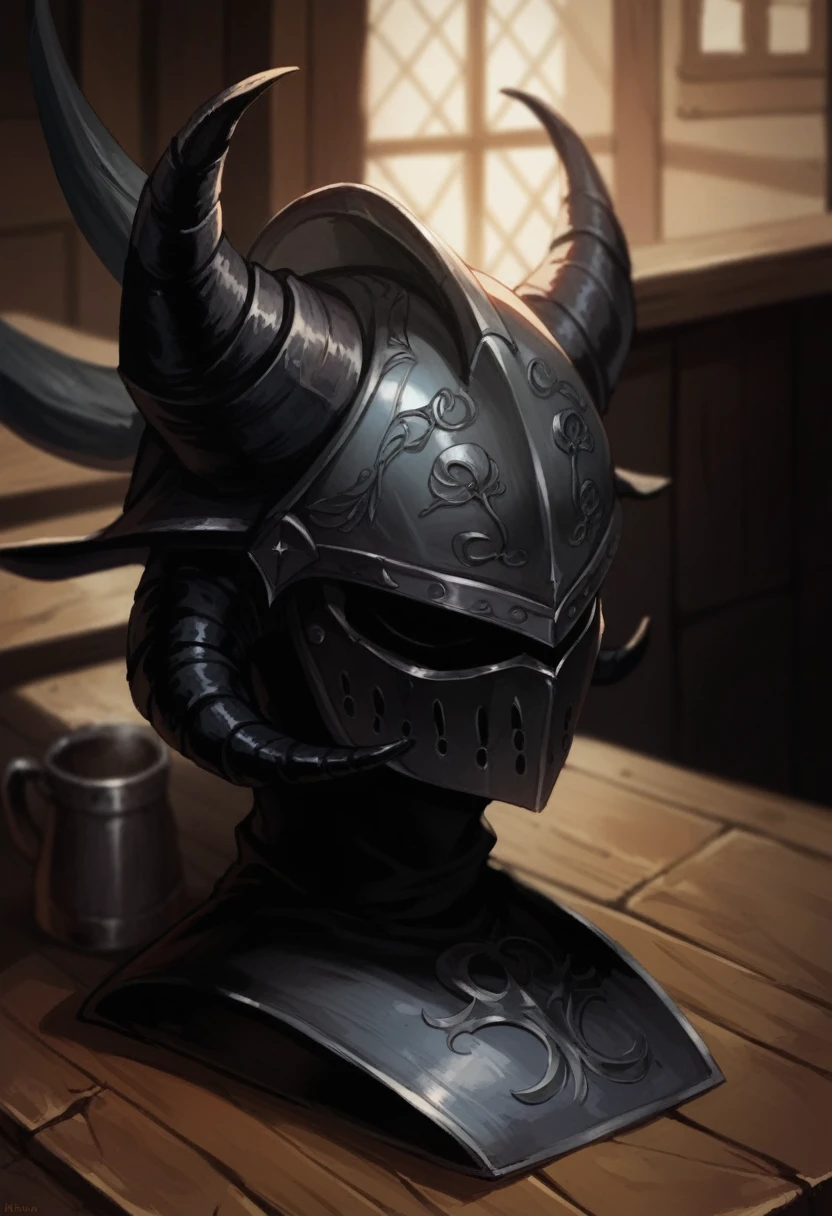 Black medieval helmet with horns and demon shape on a table in epic fantasy format