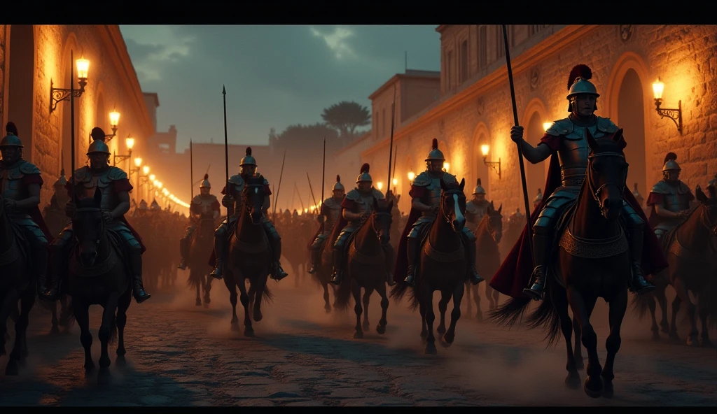biblical history,
Roman soldiers arriving on horseback in Belem at night, playing terror