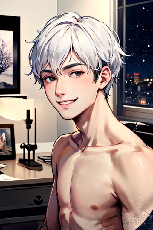 ((masterpiece)), (((best quality))), chromatic lighting,
colorized, white + black limited color palette, 
detailed concept drawing,
in a bedroom, at night, no weird object on his face,
portrait, 25yo 1guy, slender, topless, short white hair, black eyes, smiling