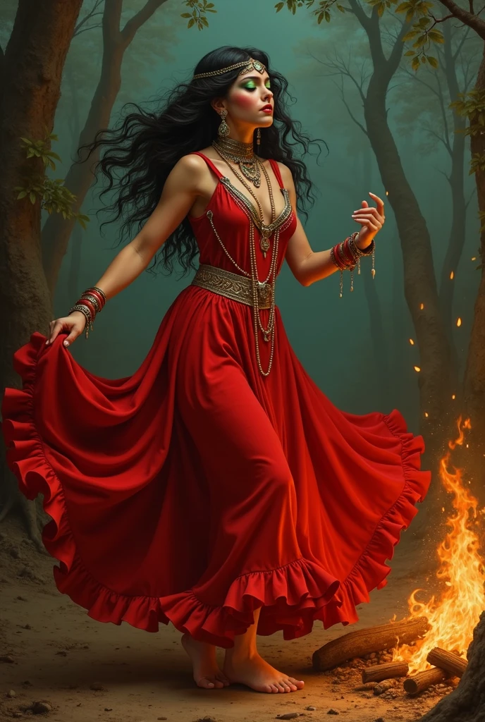 Baroque style painting of a young gypsy dancer with necklaces, earrings and bracelets, beautiful and strong young woman, red robes with full skirts in the Victorian era style, green panther eyes, long and straight, silky black hair falling over her shoulders, ((dancing near a campfire in a gypsy camp)).
