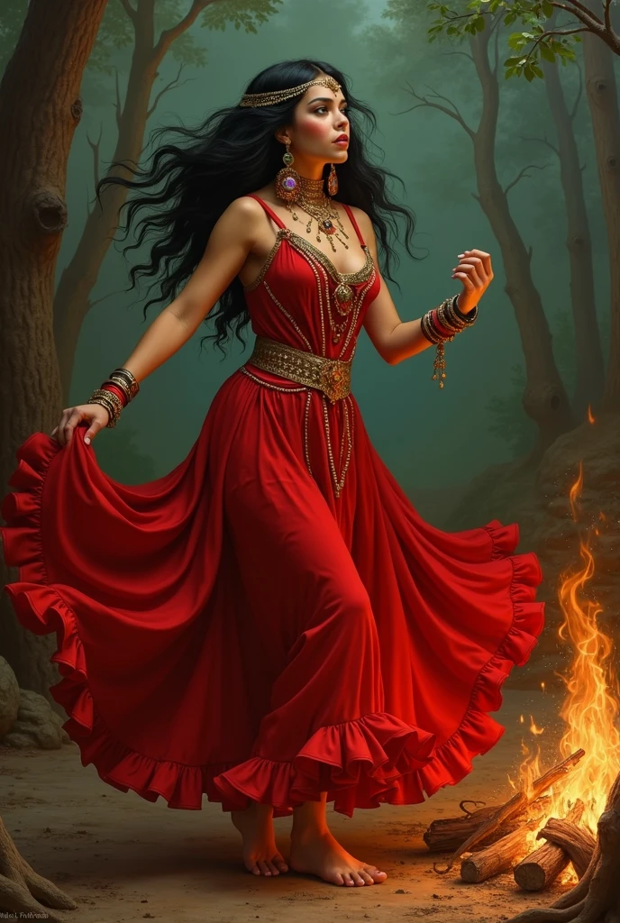Baroque style painting of a young gypsy dancer with necklaces, earrings and bracelets, beautiful and strong young woman, red robes with full skirts in the Victorian era style, green panther eyes, long and straight, silky black hair falling over her shoulders, ((dancing near a campfire in a gypsy camp)).