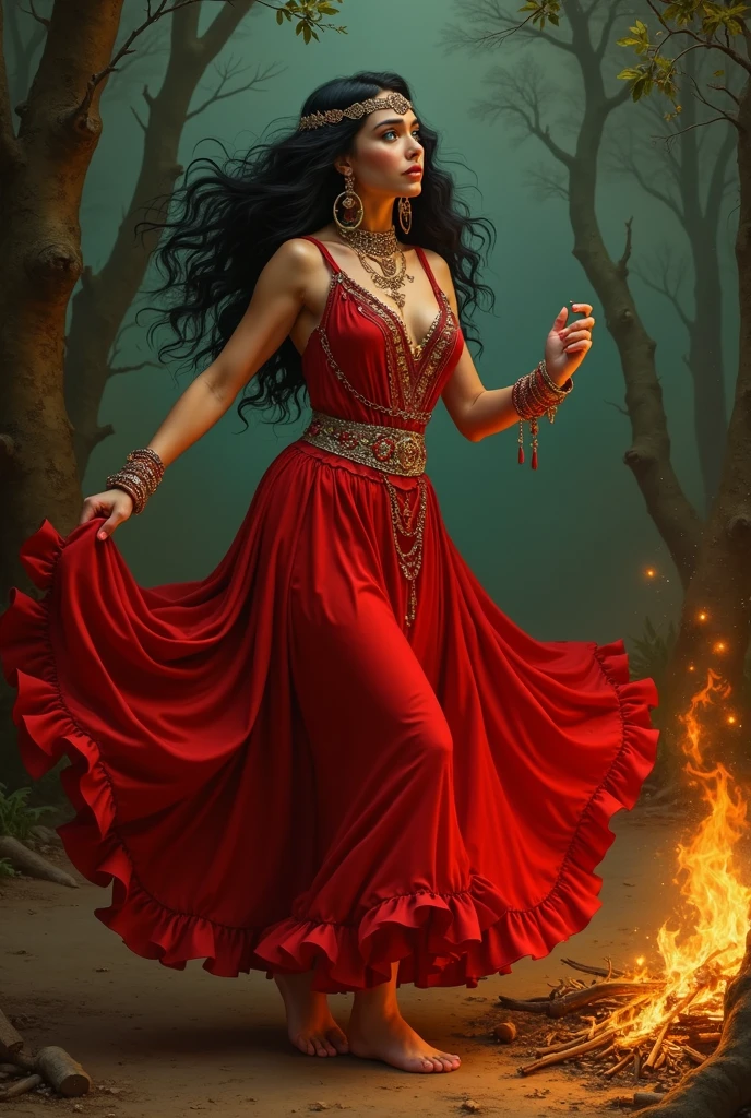 Baroque style painting of a young gypsy dancer with necklaces, earrings and bracelets, beautiful and strong young woman, red robes with full skirts in the Victorian era style, green panther eyes, long and straight, silky black hair falling over her shoulders, ((dancing near a campfire in a gypsy camp)).