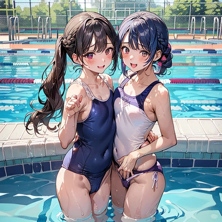 (((I need to urinate so I touch my crotch with both hands:1.33)),(((Women's Lace Panties,((open crotch pantie)),transparent,Erotic lingerie,Big size,Open crotch underwear))),Highest quality、High resolution、Detailed Background、(Beautiful face in every detail:1.4)、Anatomically correct、(Detailed facial expressions)、(fine grain:1.2)、 beauty、cuteカラーの髪色、Braided Ponytail、Braided bob cut、Braided twin tails、Navy School Swimsuit、(Flat Chest)、Perfect body line、Thick thighs、Please show me your whole body、 (Five beautiful girls in school swimsuits are having fun at the school pool.:1.5)、 Big smile、Laughing with your mouth open、My whole body is wet、My hair is wet too、Fun atmosphere、Embrace each other、cute仕草、cute