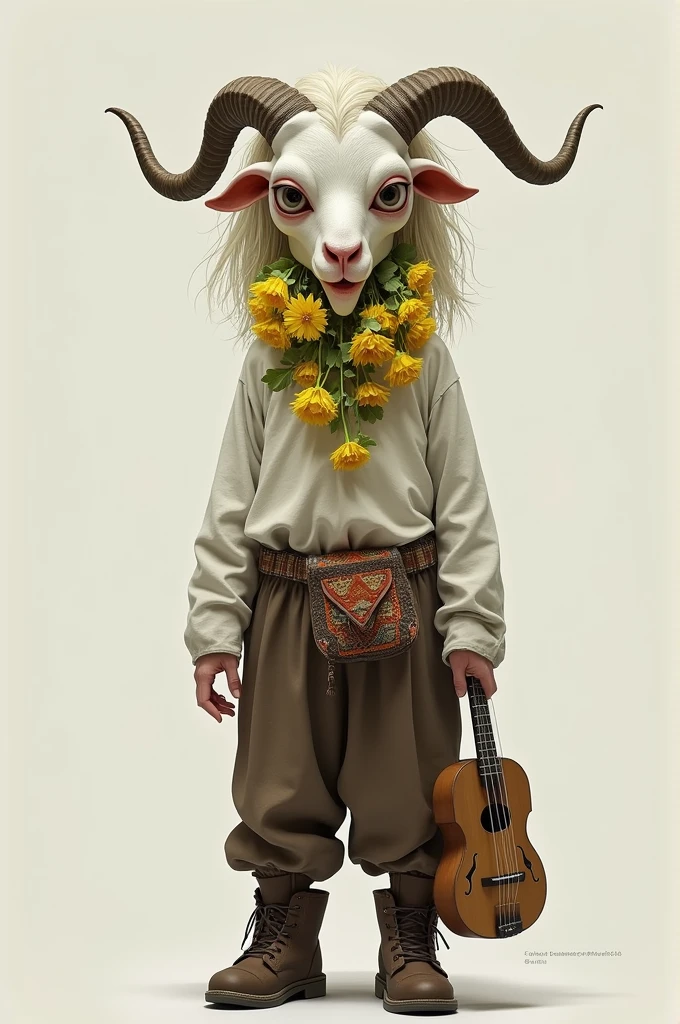 A semi-human and boy ,His eyes are goat horns and they reach his hair,and below the horns he carries yellow flowers falling on his face ,in which his skin is white ,her salmon red lips,where her hair reaches her neck and she has messy bangs on the right where on the left side a little ,and he was wearing a skeleton goat mask but only the head without the horns,and he wears a white long-sleeved shirt and loose brown pants and on his waist he had a bag decorated and he carries in his hand a guaralla that can be separated into two and is small,and brown winter shoes