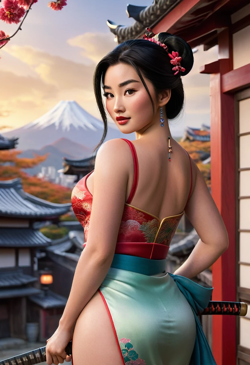 Create an ultra-realistic 8K full-body image of a stunning Disney Mulan with piercing clear eyes. She displays a curvaceous figure, accentuated by her voluptuous breasts and toned physique. Her atypical outfit is short and regal, adorned with intricate details of her thick legs that perfectly complement her natural charm. Disney Mulan strikes a sensual and provocative pose, from the back, looking seductively over her shoulder, with a subtle smile, holding her katana. The skyline of an authentic Japanese village is drawn in the background, capturing the energy and vitality of her free spirit. The atmosphere is charged with seduction and elegance, highlighting her imposing and captivating presence.