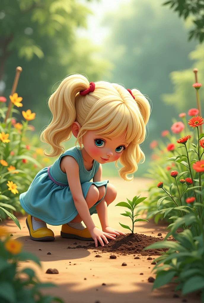 The same girl with long wavy light blonde hair in two high ponytails, wearing her light blue dress and yellow shoes, kneeling on a garden path, carefully planting a seedling in the soil with a focused expression.