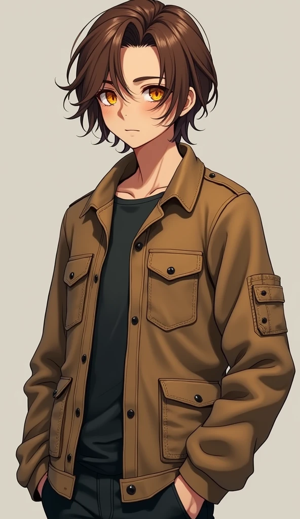 Character design sheet - androgynous boy with chestnut brown hair, caramel skin and orange eyes, dressed in a brown canvas jacket, not anime 