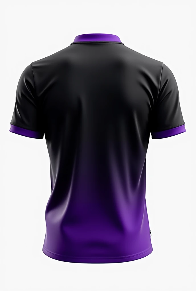 A black team jersey with a purple gradient at the bottom of the jersey, and with the purple collar too. This has great fabric.Show me the back of the same shirt.Just show the shirt Without this guy
