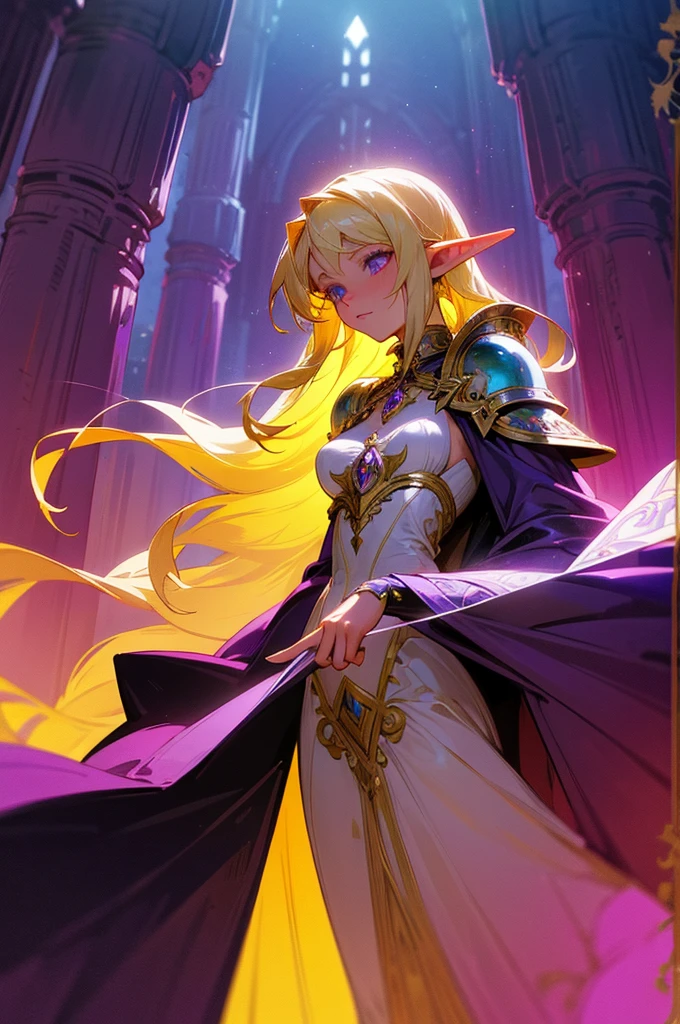 A stunning, regal female elf with long, flowing blonde hair and elegant, pointed ears stands in a grand, ancient ruin. She is adorned in ornate armor with intricate patterns, highlighted by vibrant purple gemstones that glow with a mystical light. Her flowing cape and delicate clothing are also infused with shades of purple, adding a royal and magical feel. The background features towering, crumbling arches bathed in soft, ethereal light, with floating pink and purple leaves adding a whimsical touch. The overall scene is vibrant and enchanting, filled with rich colors and a sense of fantasy and elegance.