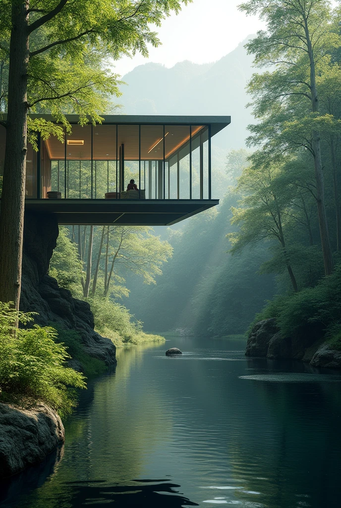 High Pavilion, lost among the trees, built in steel, in front of a lake