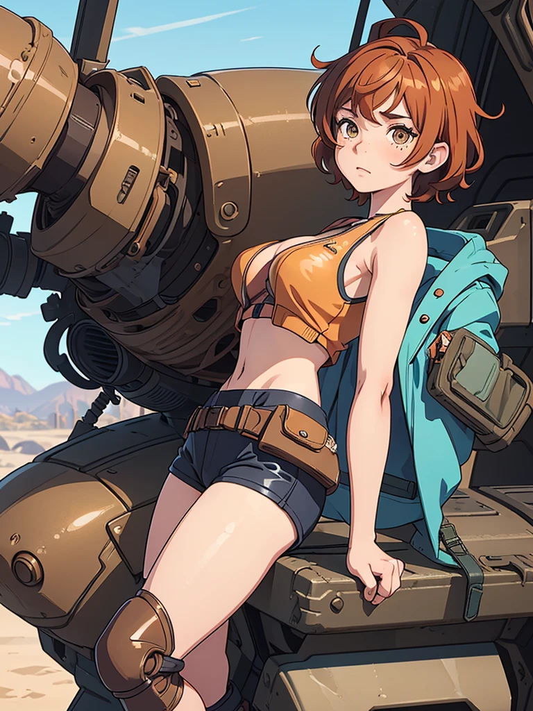 (masterpiece), (best quality), ((one girl)) copper hair,(brown eyes),short hair, curly hair, anime style, freckles, (small breast), (petite figure), blue tank top, knee pads, legs, (desert background)), cyberpunk jacket