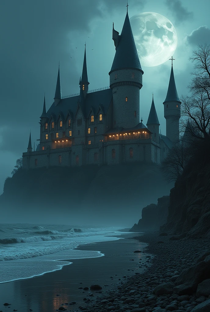 dark magic academy, like addam's family, like hogwarts, dark waters, ominous,massive castle, stocky built, high walls, by a dark beach