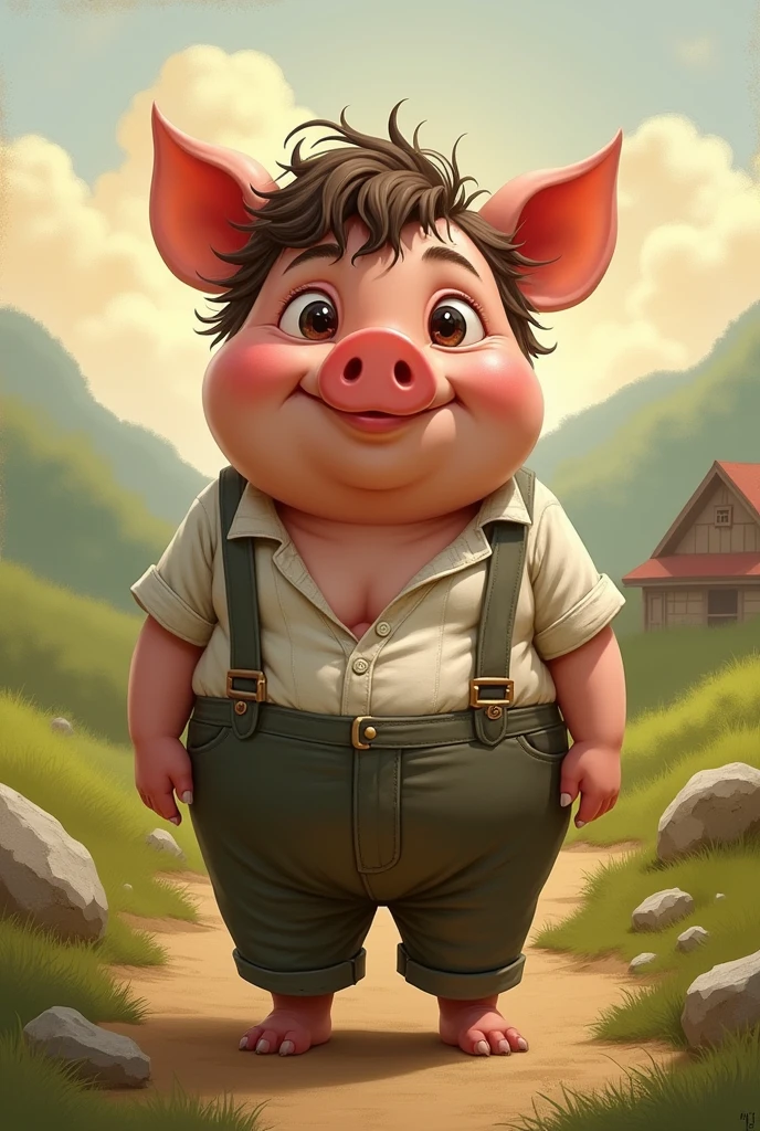 Make an art of a human version of a pig named feh 