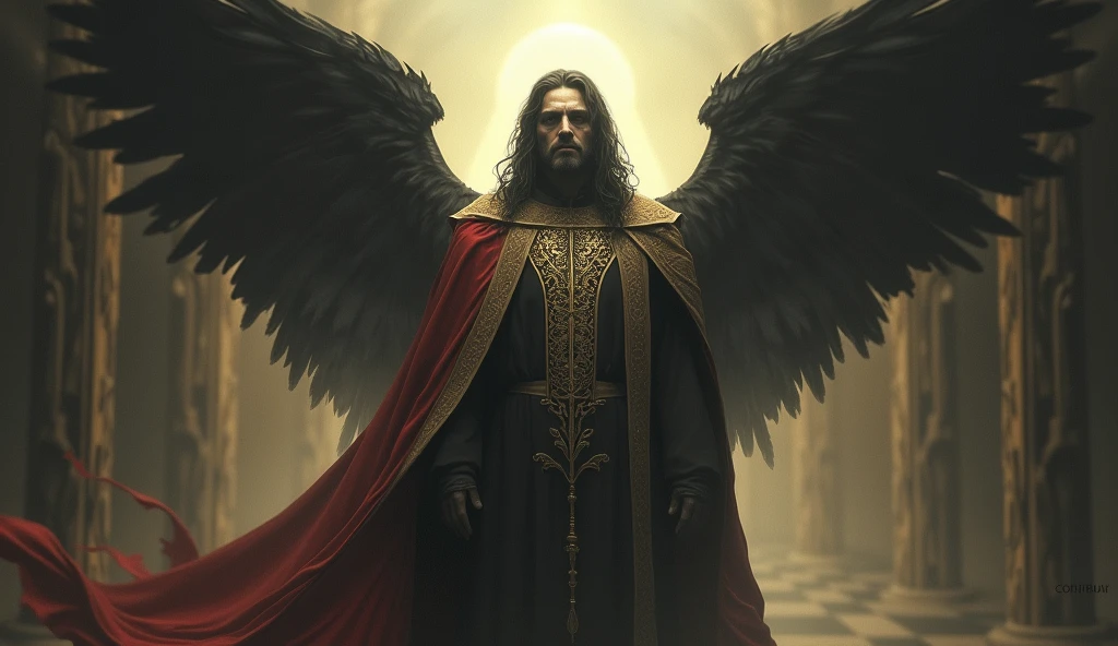 Draw Lucifer wearing priest clothes, without numbers and in black colors, off white, yellow and red