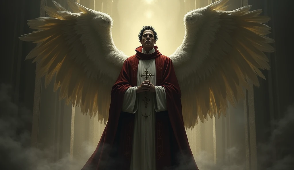 Draw Lucifer wearing priest clothes, without numbers and in black colors, off white, yellow and red