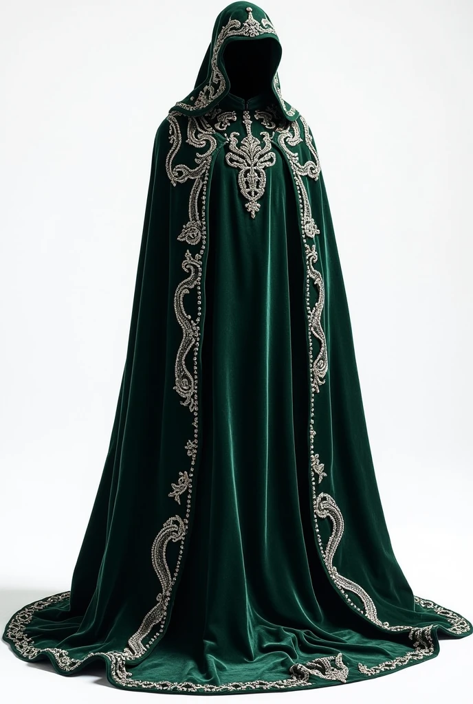 Design an elegant and sophisticated cloak for an order of knights called the 'Pearled Serpents'. The coat should have a deep main color, like emerald green or dark blue. on the edges, Incorporates pearl or silver details to highlight its sophistication. The design should feature stylized snakes embroidered on the fabric., coiled in sinuous patterns, with details that imitate pearly scales. Use a luxurious fabric like velvet or satin, and add a cape or hood with pearl embellishments for a touch of mystery and majesty. The inner lining should be in a contrasting shade., complementing the main color of the coat.
