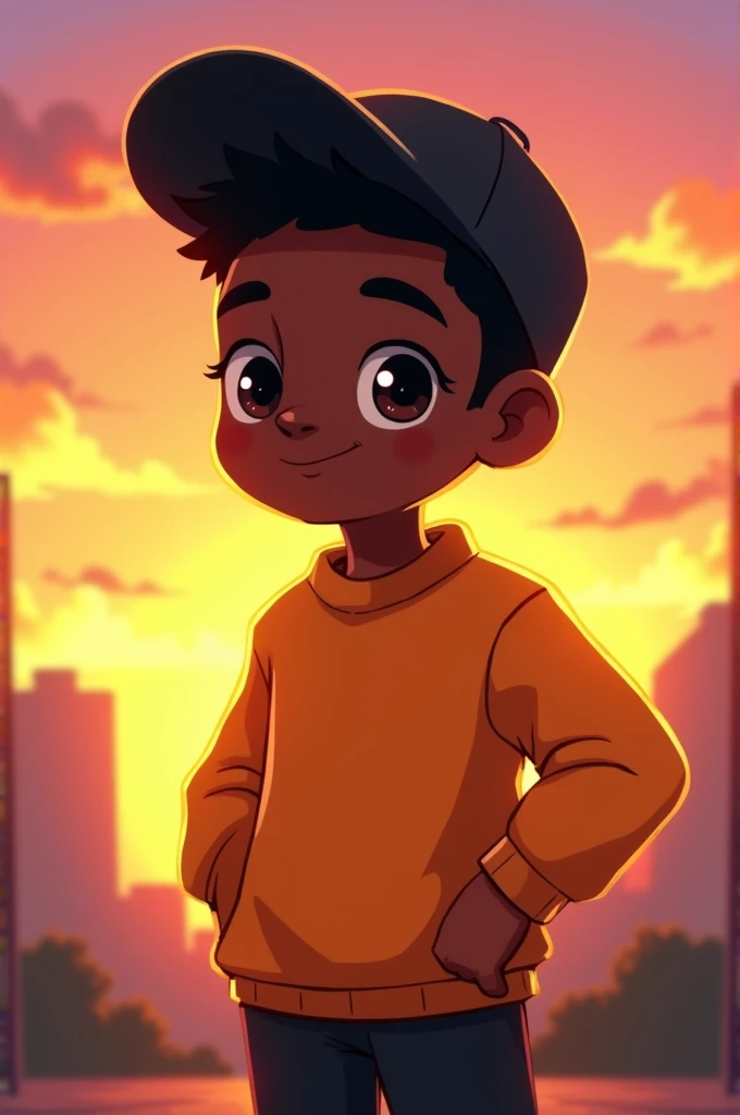 A young black man at sunset with a black cap and orange sweater chibi version 