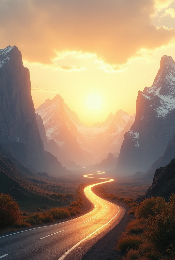 A landscape with a long road and some mountains and a sun