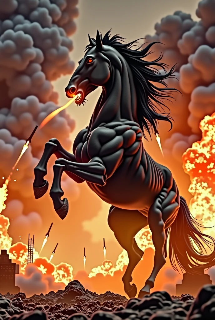 Create a picture with a black attacking aggressive powerful draft horse stallion with strong muscles and veins and fiery red eyes and an open mouth. It stands on its hind legs and the front legs are stretched high in the air. black, carbonizing, flames ground in stomps. The background should be a flaming inferno so that you can see the heat. There are rockets in the sky that are being intercepted
