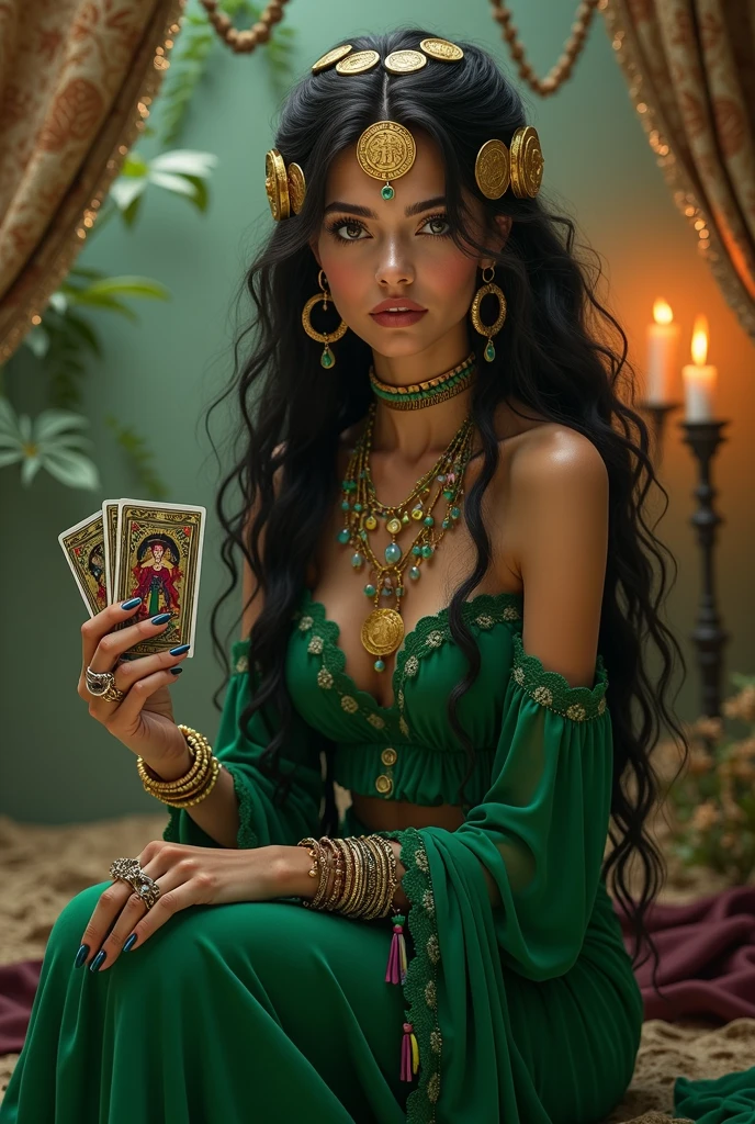 Generate a detailed and vibrant image of a gypsy known as "Emerald Gypsy". She is portrayed as a striking woman with long, dark, wavy hair adorned with coins and colorful ribbons. Her outfit is a flowing dress in shades of green, with a rich guipir lace trim on the skirt. She wears a variety of jewelry, including bracelets, necklaces, and large hoop earrings. Esmeralda holds tarot cards in one hand, with a serene expression that exudes wisdom and mystery. The background features a mystical setting, possibly a candlelit tent with rich fabrics and spiritual symbols, enhancing the aura of divination and ancient traditions.