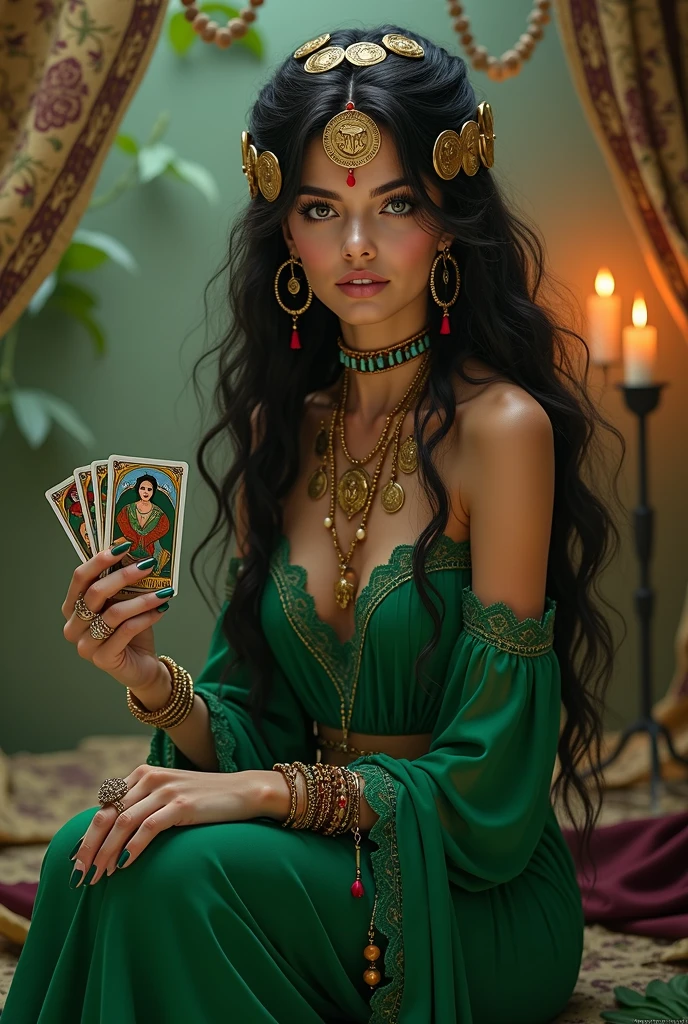 Generate a detailed and vibrant image of a gypsy known as "Emerald Gypsy". She is portrayed as a striking woman with long, dark, wavy hair adorned with coins and colorful ribbons. Her outfit is a flowing dress in shades of green, with a rich guipir lace trim on the skirt. She wears a variety of jewelry, including bracelets, necklaces, and large hoop earrings. Esmeralda holds tarot cards in one hand, with a serene expression that exudes wisdom and mystery. The background features a mystical setting, possibly a candlelit tent with rich fabrics and spiritual symbols, enhancing the aura of divination and ancient traditions.