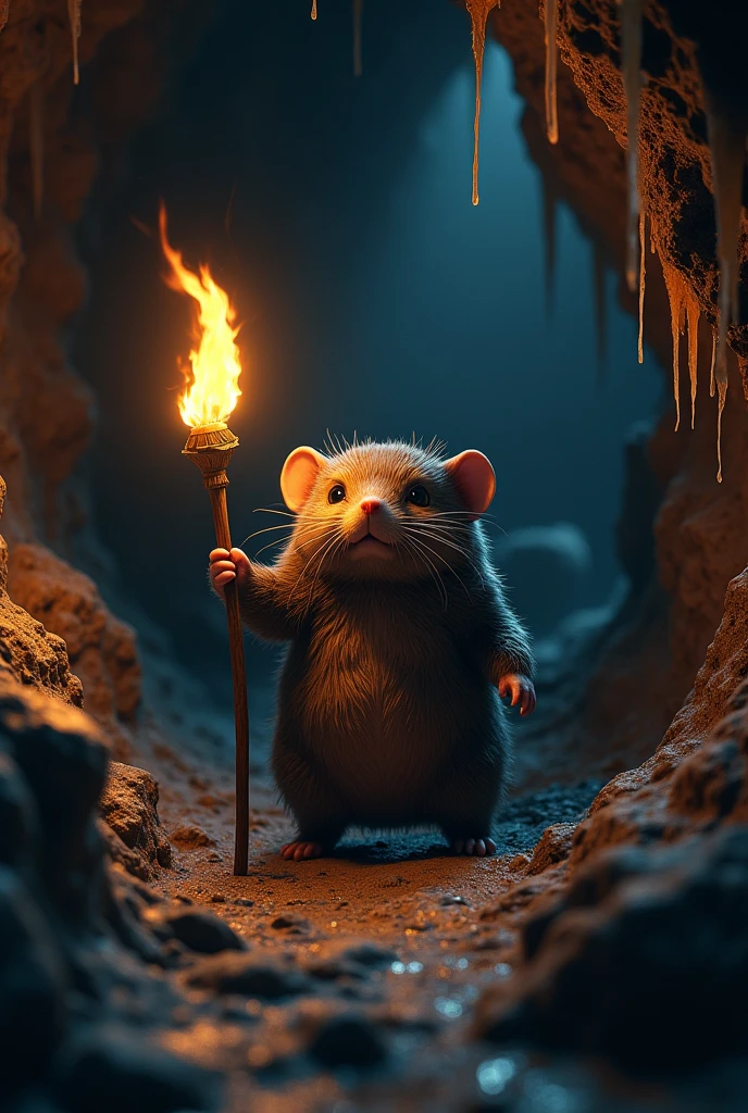 A mole with a torch in a dark cave