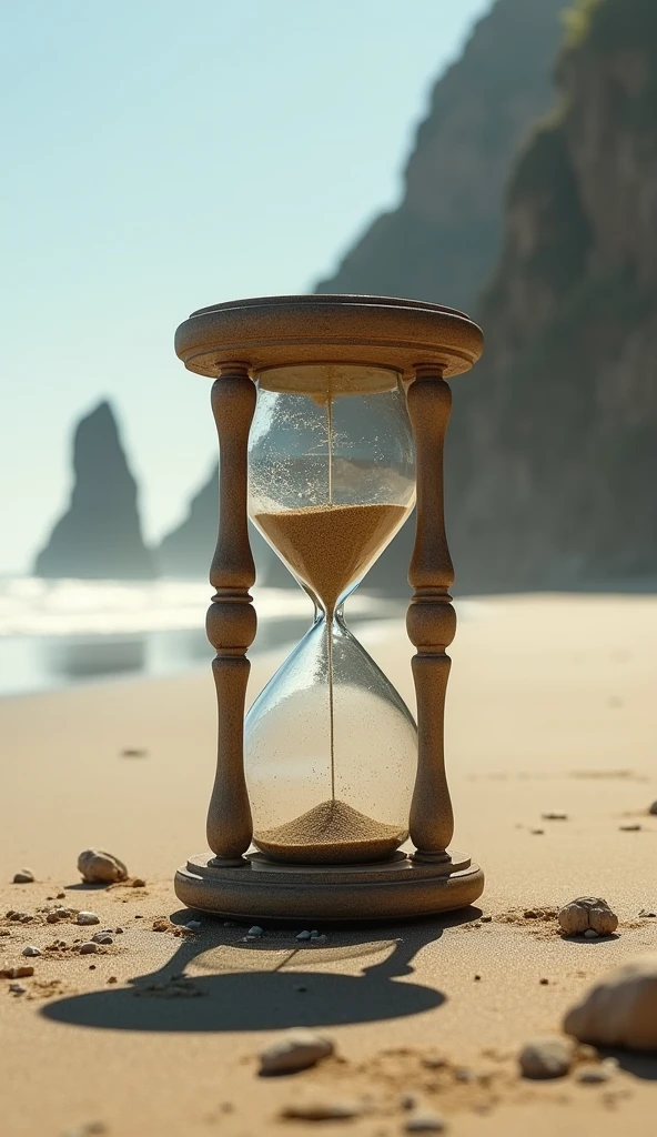 on a deserted beach, an old hourglass.