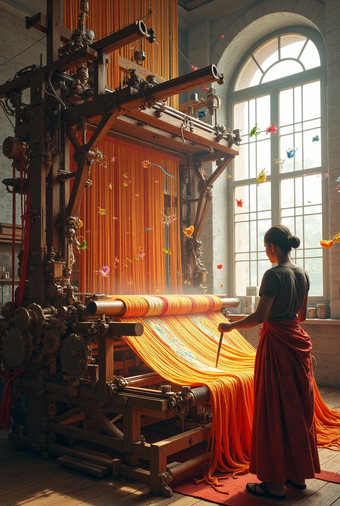 Draw me a picture of a loom weaving fabric and there are many threads of different colors and materials flying around on the loom and need to be selected.