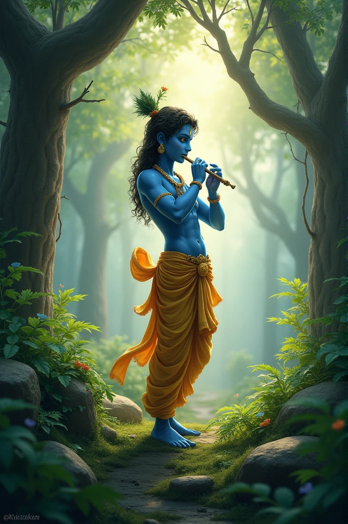 Little god Krishna with flute in forest 