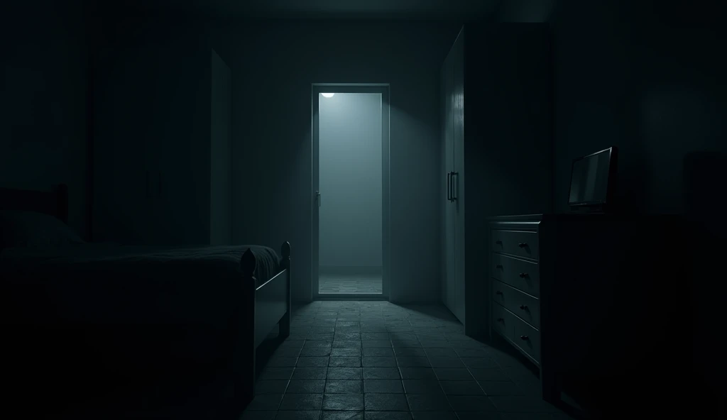 a bedroom at night looking to a door at the end of the room,dark and gloomy atmosphere,dramatic shadows,high contrast,chiaroscuro lighting,cinematic camera angle,eerie and unsettling,best quality,8k,highres,masterpiece,realistic,photorealistic