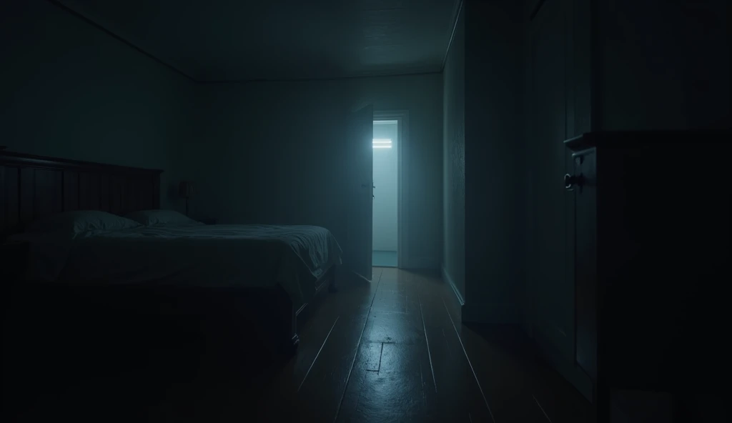 a bedroom at night looking to a door at the end of the room,dark and gloomy atmosphere,dramatic shadows,high contrast,chiaroscuro lighting,cinematic camera angle,eerie and unsettling,best quality,8k,highres,masterpiece,realistic,photorealistic