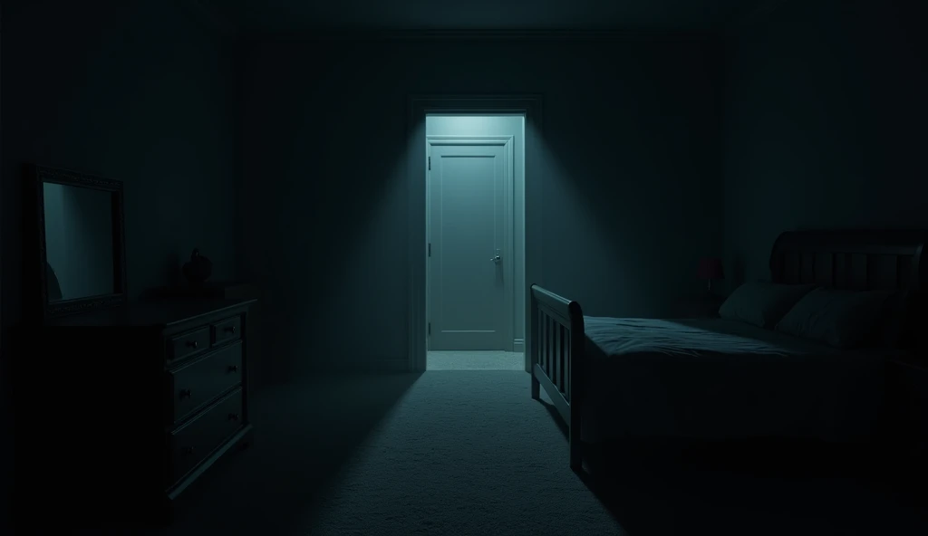 a bedroom at night looking to a door at the end of the room,dark and gloomy atmosphere,dramatic shadows,high contrast,chiaroscuro lighting,cinematic camera angle,eerie and unsettling,best quality,8k,highres,masterpiece,realistic,photorealistic