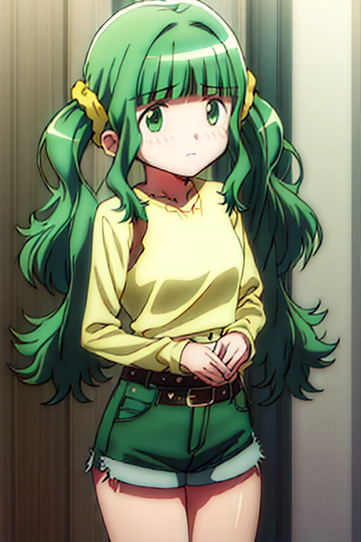 best quality, masterpiece, highres, solo, {futaba_sana_puellamagimadokamagicasidestorymagiarecord:1.15}, bangs, sidelocks, blunt_bangs, twintails, green_hair, wavy_hair, medium_hair, green_eyes, hair_ornament, blush, dot_nose, closed_mouth, aqua_hair, scrunchie, yellow_scrunchie, hair_scrunchie, 1girl, looking_at_viewer, white shirt, belt, denim_shorts, shorts_rolled