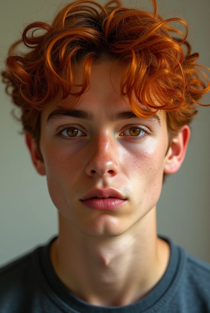 Seventeen year old boy. She has curly red hair and brown eyes.