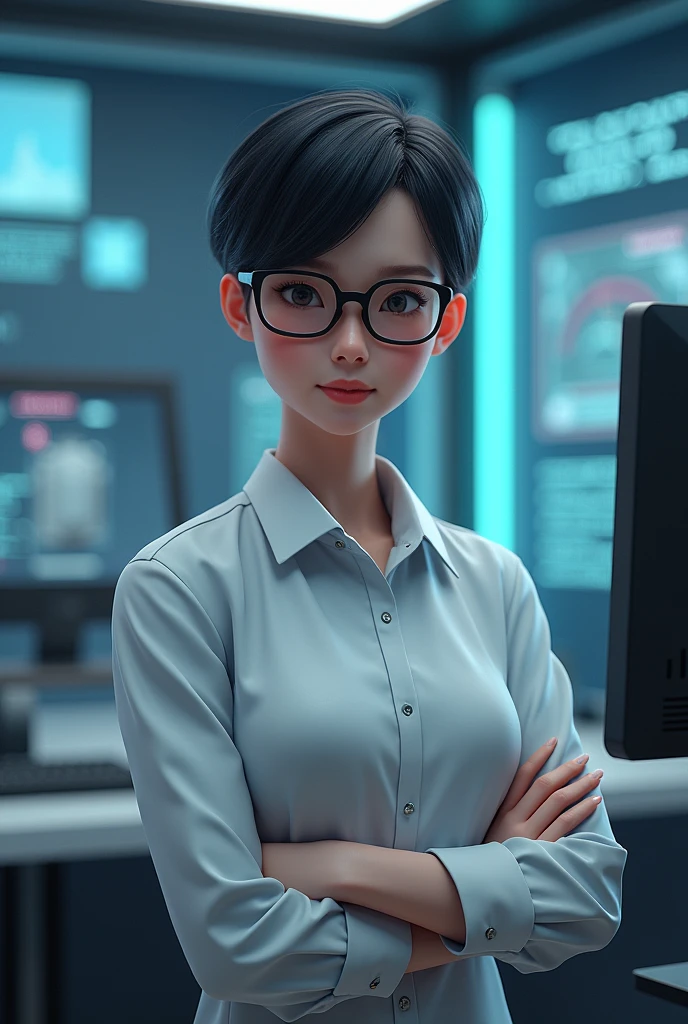 Create the character chamber from the game valorant but wearing a shirt, glasses and be a computer scientist