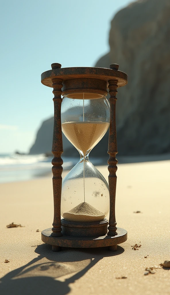 on a deserted beach, an old hourglass.