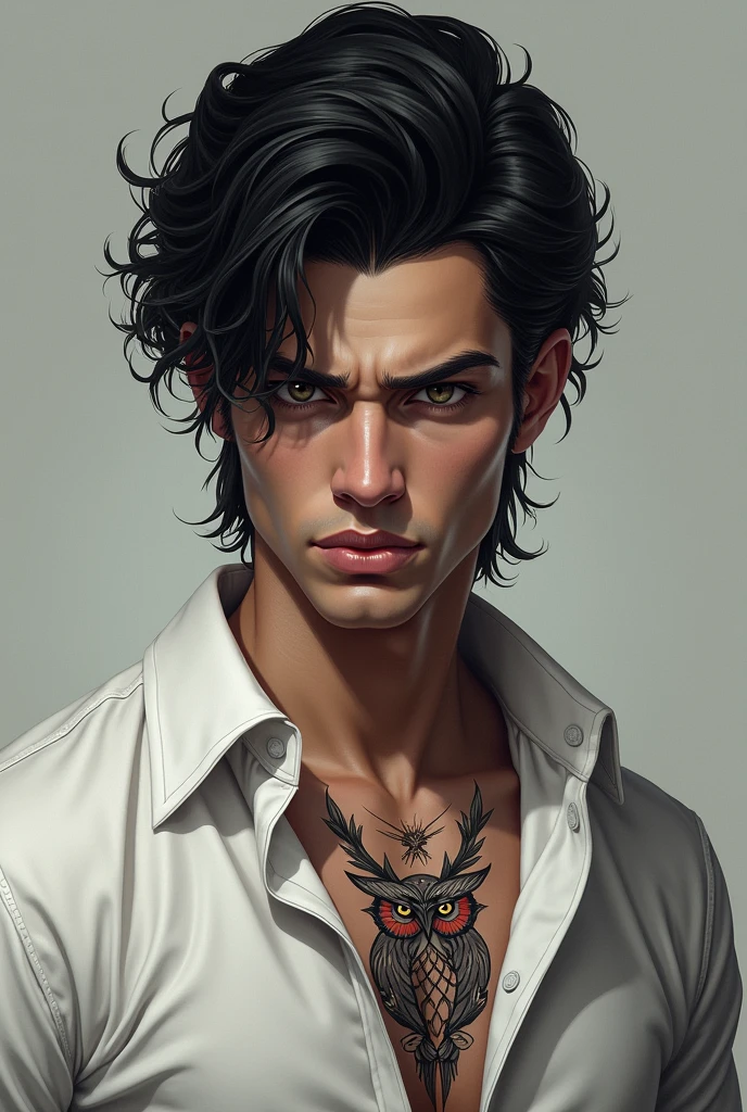 Create an intimidating young man, serious and attractive. He has black hair and eyes. He has a broad back as well as his shoulders.. He is wearing a fine white shirt and on his neck you can see a tattoo of an owl. 