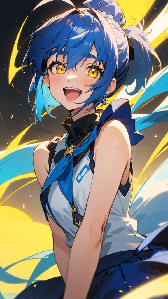 1 person、Medium size chest、Ultramarine colored hair、ponytail、Glowing yellow eyes、Bangs between the eyes、Ahoge、Sleeveless shirt、 skirt、Upper body close-up、 Laughter、Open your mouth、Rural Village