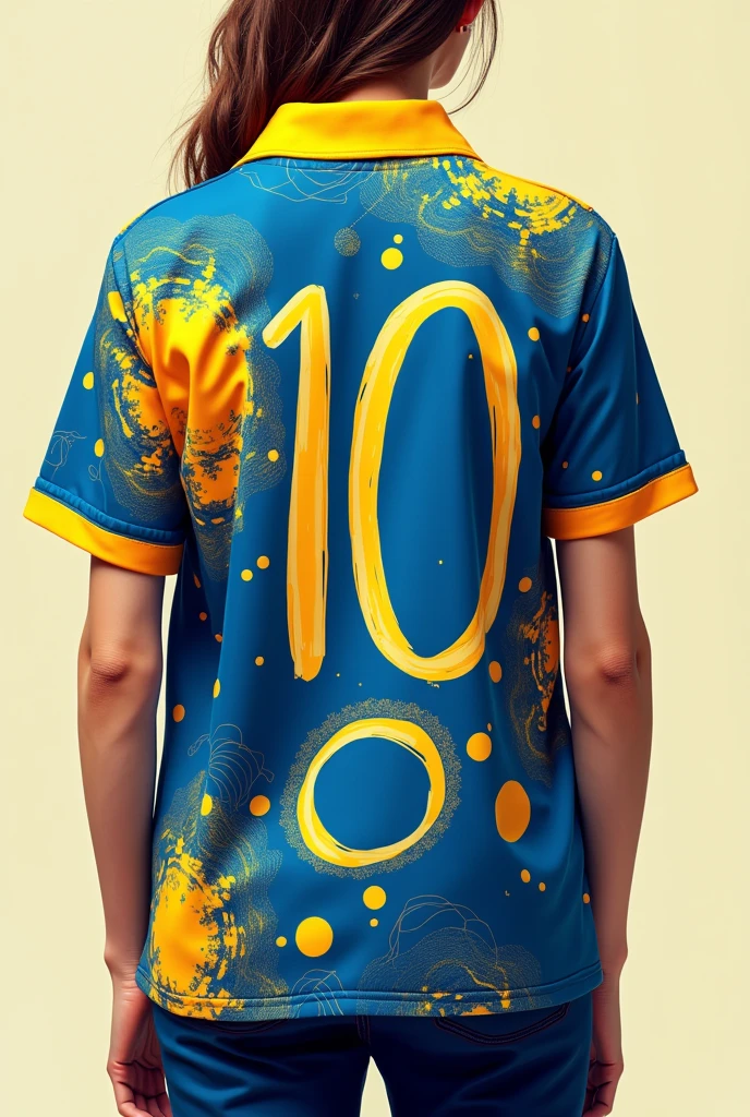 
"Draw the back of a midi shirt. The shirt has a predominantly blue base with abstract patterns in yolk yellow and orange.. Details include wavy lines and circular elements distributed throughout the shirt.. The collar and sleeve edges are finished in egg yolk yellow.. The style must be modern and dynamic, reflecting the vibrant design of the front of the shirt, not including logos, texts or other additional symbols." Back of the shirt with the number ten