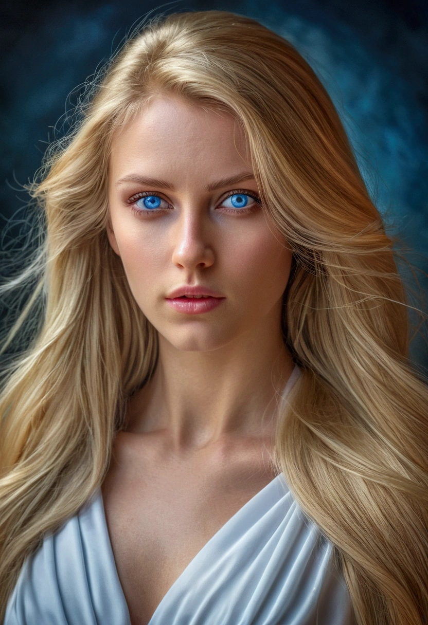 best quality, head of&#39;artwork,  (realistic:1.2), Model woman with Blond long hair with blue eye wearing white dress,, hdr