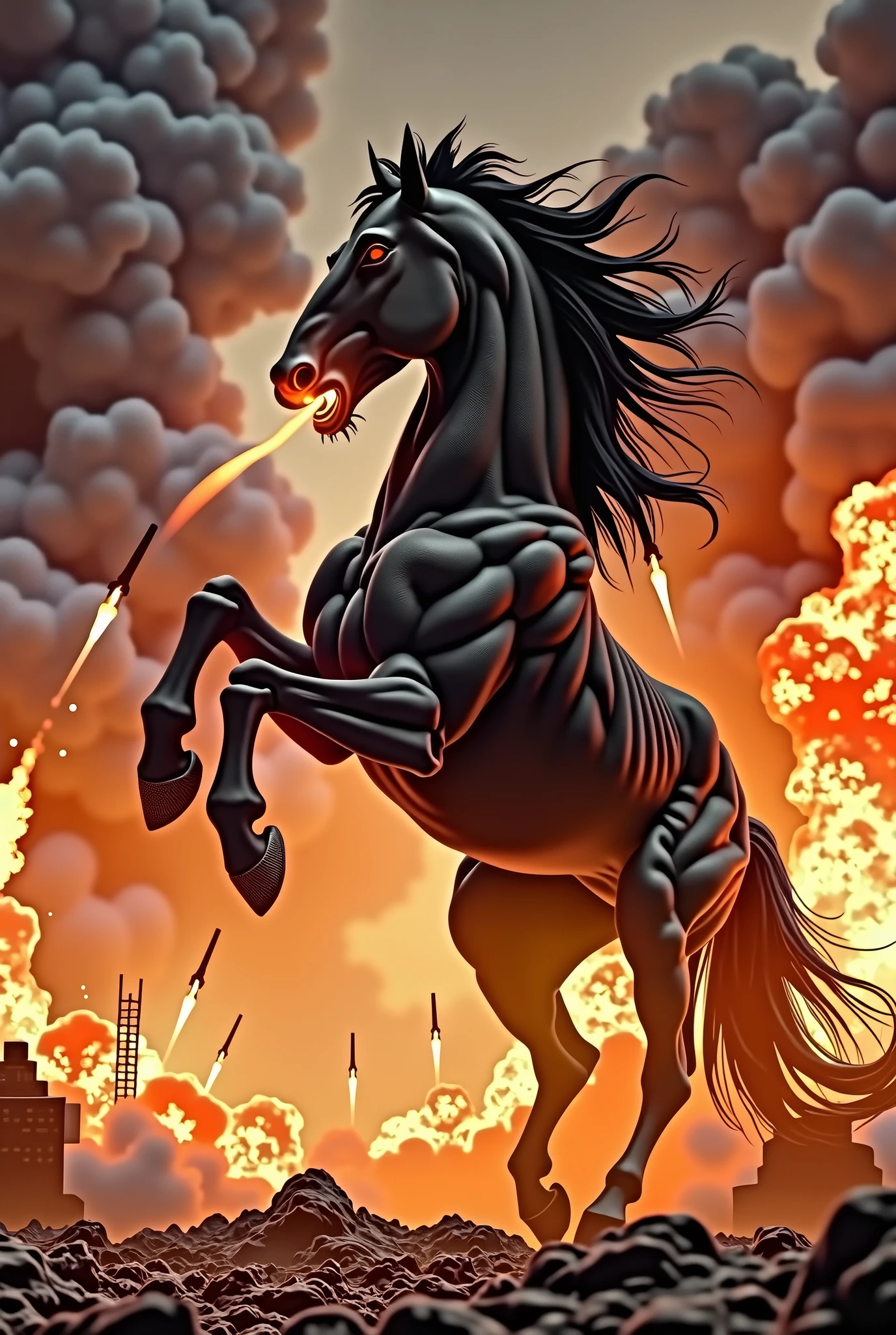 Create a picture with a black attacking aggressive powerful draft horse stallion with strong muscles and veins and fiery red eyes and an open mouth. It stands on its hind legs and the front legs are stretched high in the air. black, carbonizing, flames ground in stomps. The background should be a flaming inferno so that you can see the heat. There are rockets in the sky that are being intercepted