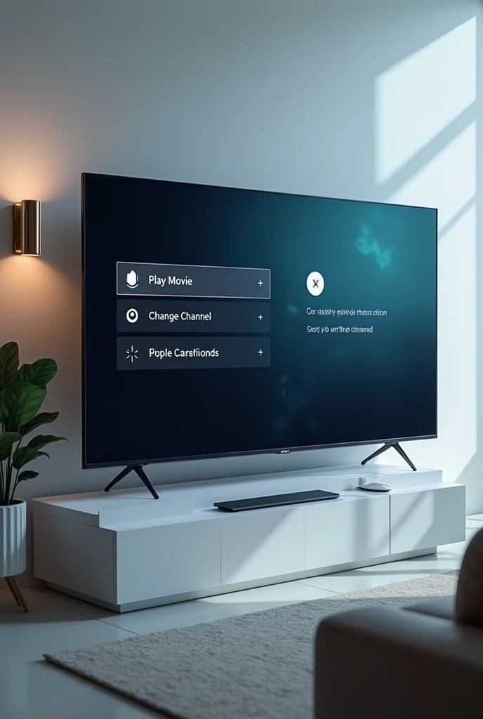 The Smart TV screen showing a voice control interface with options such as “Play Movie” or “Change Channel”.