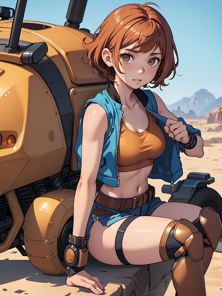 (masterpiece), (best quality), ((one girl)) copper hair,(brown eyes),short hair, curly hair, anime style, freckles, (small breast), (petite figure), blue tank top, knee pads, legs, (desert background)), cyberpunk jacket, knee guard pads
