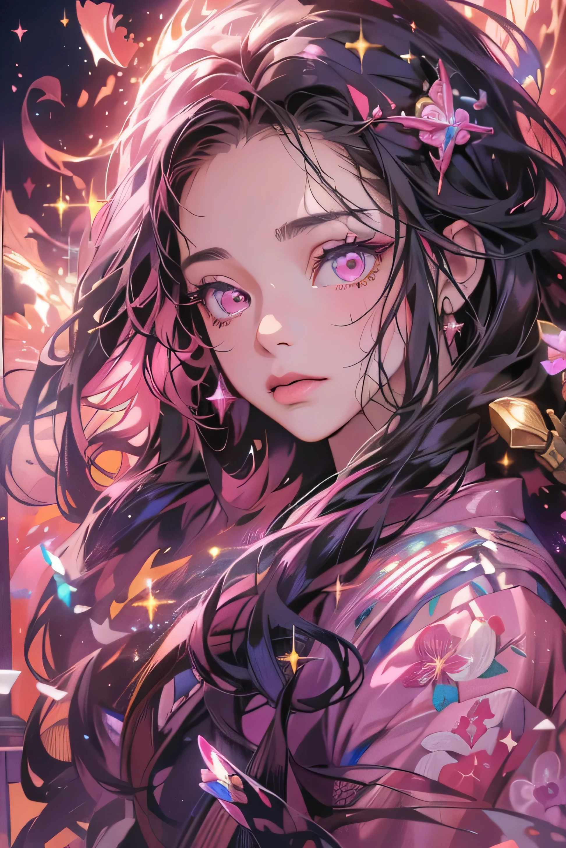 Nezuko from demon slayer. a young woman with long dark hair, (pink eyes), beautiful detailed eyes, beautiful detailed lips, extremely detailed face, longeyelashes, wearing a pink kimono, (best quality,4k,8k,highres,masterpiece:1.2),ultra-detailed,(realistic,photorealistic,photo-realistic:1.37),digital painting,exquisite detail,intricate details,highly detailed,vivid colors,warm lighting,cinematic lighting,dramatic lighting, iridescence, dramatic angle, space, (floating colorful sparkles:1.3), Dramatic Lighting, Chiaroscuro, Evocative Depth, detailed face Portrait, extreme close up, Underwater effect, floral elements, zentangle 1.2, vivid pinks, pastel overload,
