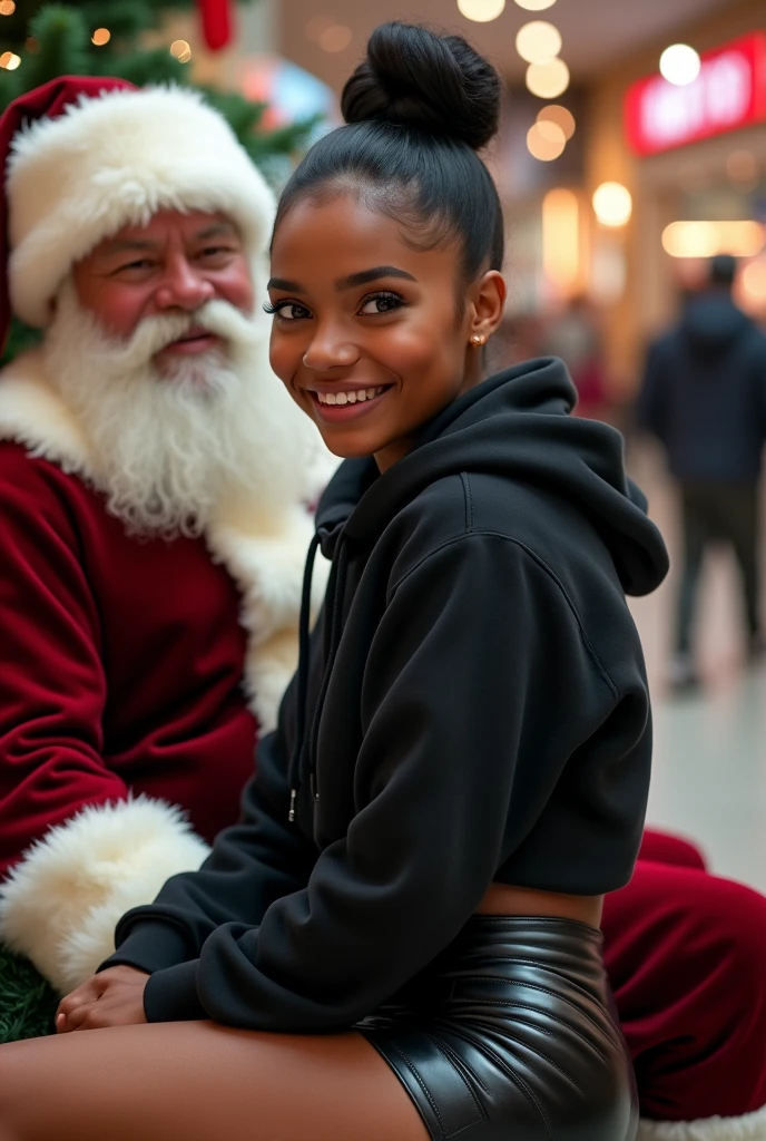 Black woman wearing leather short shorts and black hoodie hair in a bun setting on santas lap in the mall. The look on her face is eyes wide open and excited side view