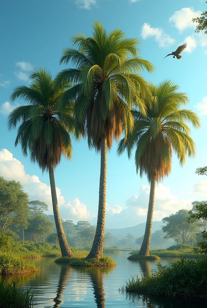 Image of three buriti palm trees (Mauritia Flexuosa) in the swamp, with the sun shining brightly in the blue sky, with vultures flying in the distance.
