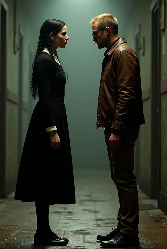 Wednesday addams meeting jeffrey dahmer
Wednesday usually wears a black dress with a white collar, black stockings, and black shoes ..black hair in braids...
Jeffrey is wearing a brown leather jacket..black shirt..brown jeans...short-long blonde hair ...glasses ....black shoes ...1