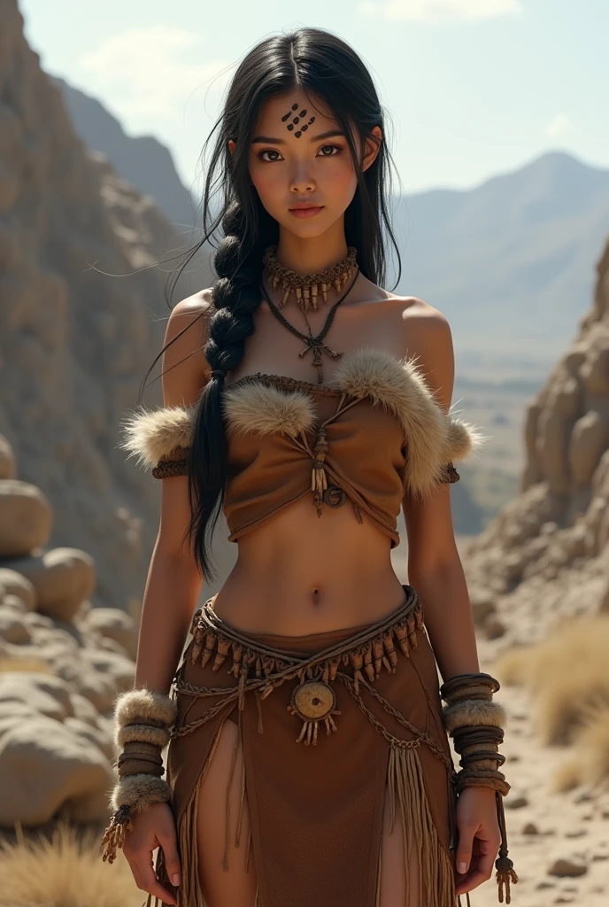 Style: "Prehistoric fantasy setting with a focus on authentic primitive clothing and accessories, reflecting the materials and craftsmanship of early human cultures." Maya is a beautiful prehistoric woman of the Mongoloid race. Face: Rounded, with soft features. Almond-shaped brown eyes, short and straight nose. Lips of medium thickness, natural pink color. The hair is black, straight, long, braided into one thick braid. The skin is light olive. Body: Medium height, slender and flexible, slightly muscular figure. The breasts are small, the stomach is tight, the hips are round, the legs are strong and flexible. Tattoo: A primitive pattern of wavy lines running from the right collarbone to the middle of the chest. Three black dots near the outer corner of the left eye. Clothing: A short skirt made of leather, decorated with small pieces of fur. Leather top that covers the chest but exposes the stomach, decorated with wooden and bone beads. Lifestyle and Personality: Maya lives on the cold steppes, where she hunts game and gathers edible plants. She is quick, agile and wise, with a great knowledge of natural medicines. Her personality is calm and thoughtful, she is devoted to her tribe and is always looking for ways to improve their survival.