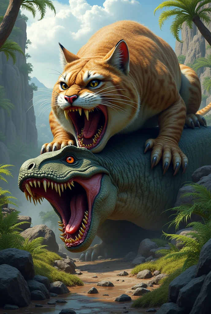 Cat eat dinosaur